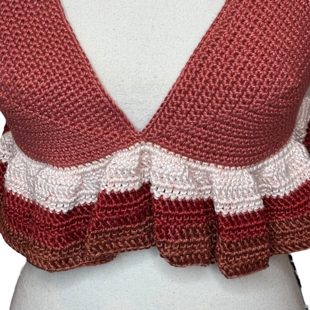 Handcrafted Ruffle Halter Crop Top Bamboo Yarn Art Handmade Crochet Knit Summer - Picture 2 of 16